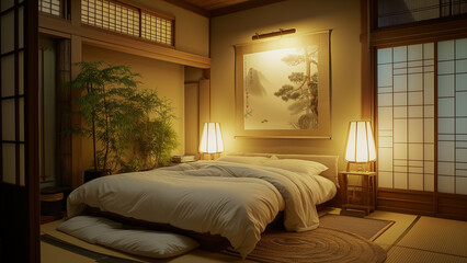 Artful Solitude: A Painting Adorning a Small Japanese Bedroom