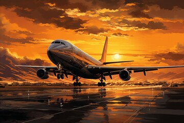 Huge commercial airliner taking off on runway. Ocean waves and sunset in background - obrazy, fototapety, plakaty