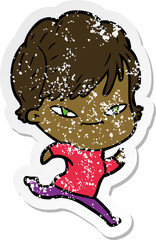 distressed sticker of a cartoon happy woman