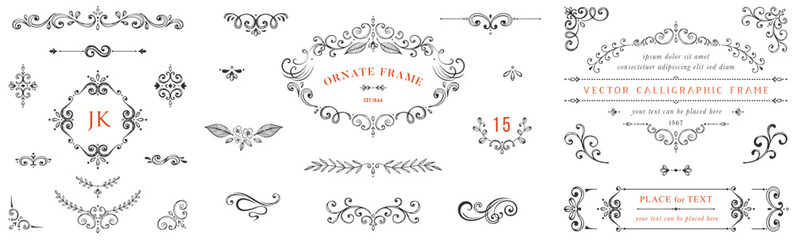Hand drawn frames and banners. Classic calligraphy swirls, swashes, floral motifs. Good for greeting cards, wedding invitations, restaurant menu, royal certificates and graphic design. - obrazy, fototapety, plakaty