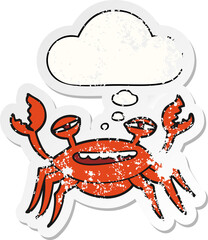 cartoon crab and thought bubble as a distressed worn sticker