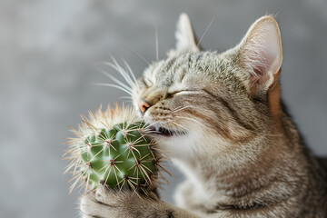 The cat chews cactus. Minimalistic pets style isolated over light background
