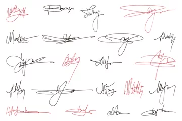 Fotobehang Handwritten collection of fake scribble signature in ink. © Desenarrt