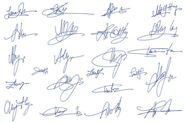 Handwritten collection of fake scribble signature in ink. - obrazy, fototapety, plakaty
