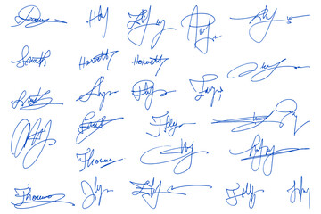 Handwritten collection of fake scribble signature in ink. - obrazy, fototapety, plakaty