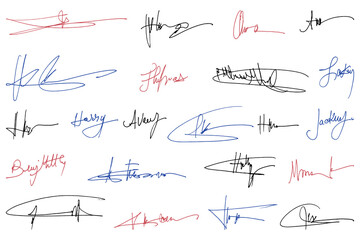Handwritten collection of fake scribble signature in ink.