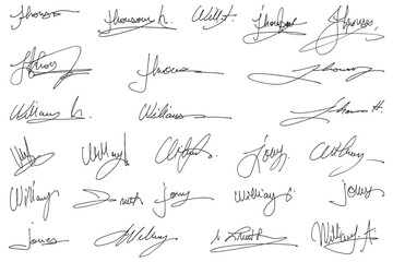 Handwritten collection of fake scribble signature in ink.