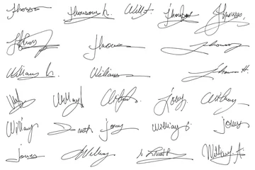 Fotobehang Handwritten collection of fake scribble signature in ink. © Desenarrt