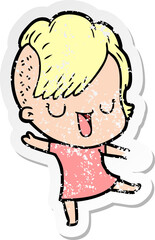 distressed sticker of a cute cartoon girl with hipster haircut