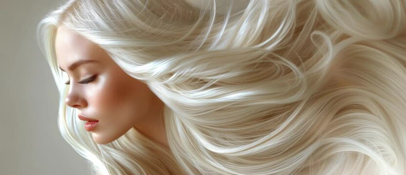 Young woman with long beautiful blonde hair. Glossy wavy white hair. Fashion and style concept. Slow motion