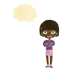 cartoon woman with folded arms with thought bubble
