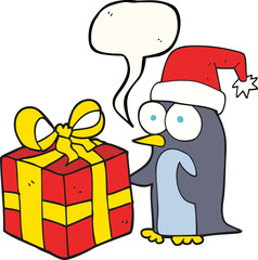 speech bubble cartoon christmas penguin with present