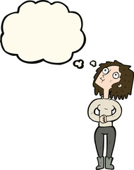 cartoon woman looking upwards with thought bubble