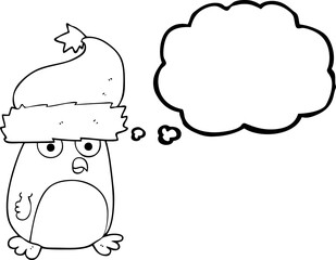 thought bubble cartoon christmas robin wearing santa hat