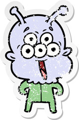 distressed sticker of a happy cartoon alien