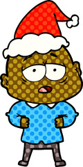 comic book style illustration of a tired bald man wearing santa hat