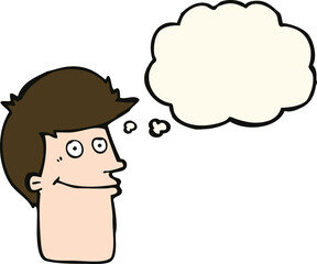 cartoon smiling man with thought bubble