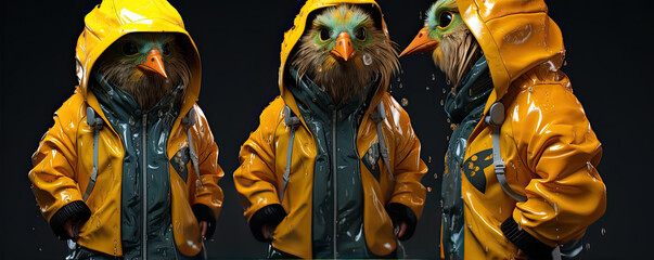 Bird in yellow raincoat against dark wall.