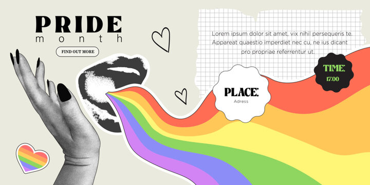 Halftone hand and mouth shout rainbow lgbt flag and celebrate pride month, week or day. LGBTQ support social media collage banner or post template, greeting card or party invitation with paper cuts.