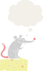 cartoon mouse sitting on cheese and thought bubble in retro style