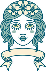 tattoo with banner of female face with crown of flowers