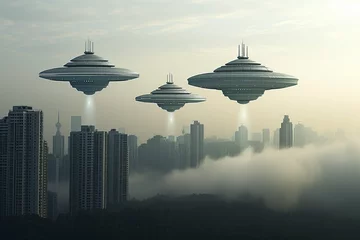 Fototapeten Fantastic flying saucers UFOs in the sky over metropolis with fog at dawn or sunset © tatsiana502