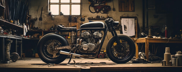 Fototapeta premium Retro motocylcle in front of garage full of repair tools