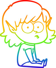 rainbow gradient line drawing cartoon elf girl staring