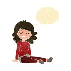 cartoon happy woman sitting on floor with thought bubble
