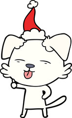 line drawing of a dog sticking out tongue wearing santa hat