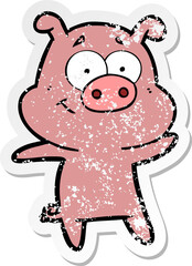 distressed sticker of a happy cartoon pig
