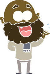 flat color style cartoon crazy happy man with beard amazed