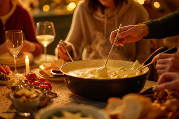 Cheese fondue celebration, a lively scene capturing friends or family gathered around a bubbling...