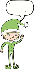 cartoon waving christmas elf with speech bubble