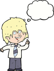 cartoon school boy with idea with thought bubble