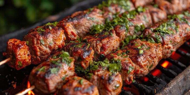 Arabic Fast-Food Temptation! Juicy Meat on Skewers - A Tasty Treat to Savor - Exciting and Flavorful - Soft Natural Light