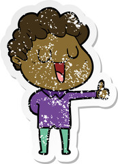 distressed sticker of a laughing cartoon man giving thumbs up sign