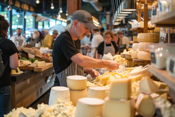 Cheese market hustle, a bustling market scene capturing vendors showcasing various cheeses.