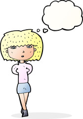 cartoon shy woman with thought bubble