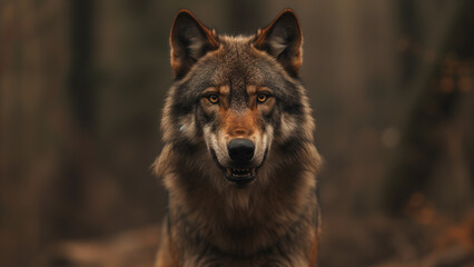 Fototapeta premium Cinematic Wilderness: A Wolf’s Portrait Amidst Dark Woods