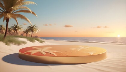 Empty rounded gold podium for showcasing products in middle of sand and ocean and palms, sea background. Generative AI - obrazy, fototapety, plakaty