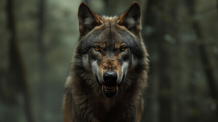 Fierce Gaze: An Angry Wolf in a Gloomy Forest