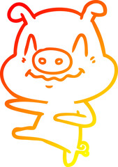 warm gradient line drawing nervous cartoon pig dancing