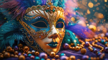 Mardi Gras mask lying on a velvet surface, surrounded by scattered colorful beads and feathers,...