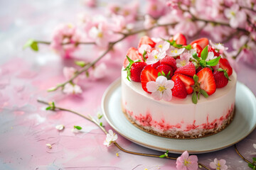 Fototapeta na wymiar Strawberry cake with floral decorations. Generative AI
