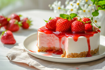 Strawberry cheesecake with a drizzle of strawberry sauce. Generative AI