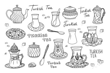 Big set of hand drawn Turkish tea theme elements in doodle style. Turkish tea cups, spoons, saucers, teapots and sugar bowl in doodle style. Tulip shaped glasses. Turkish tea. Armuds. Hand drawn.  - obrazy, fototapety, plakaty