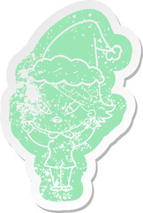 cartoon distressed sticker of a stressed woman wearing santa hat