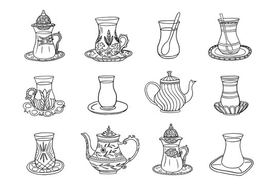 Beautiful set of Turkish tea cups, teapots and sugar bowl in doodle style. Tulip shaped glasses. Turkish tea. Armuds, armudu. Hand drawn. Great for banner, posters, cards and professional design.