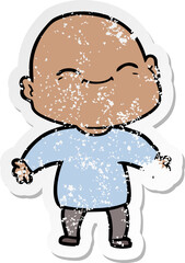 distressed sticker of a happy cartoon bald man